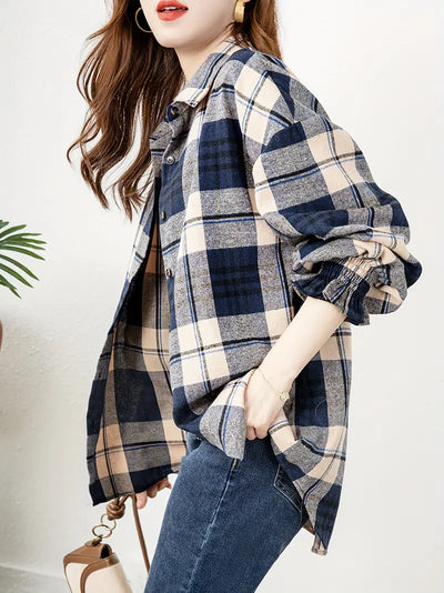 Karo-Print Knopfleiste Bluse, Casual Langarm Bluse in Meerblau