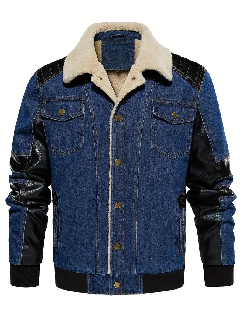 Herren Denimjacke mit Sherpa-Kragen, Farbblock-Design, Warm