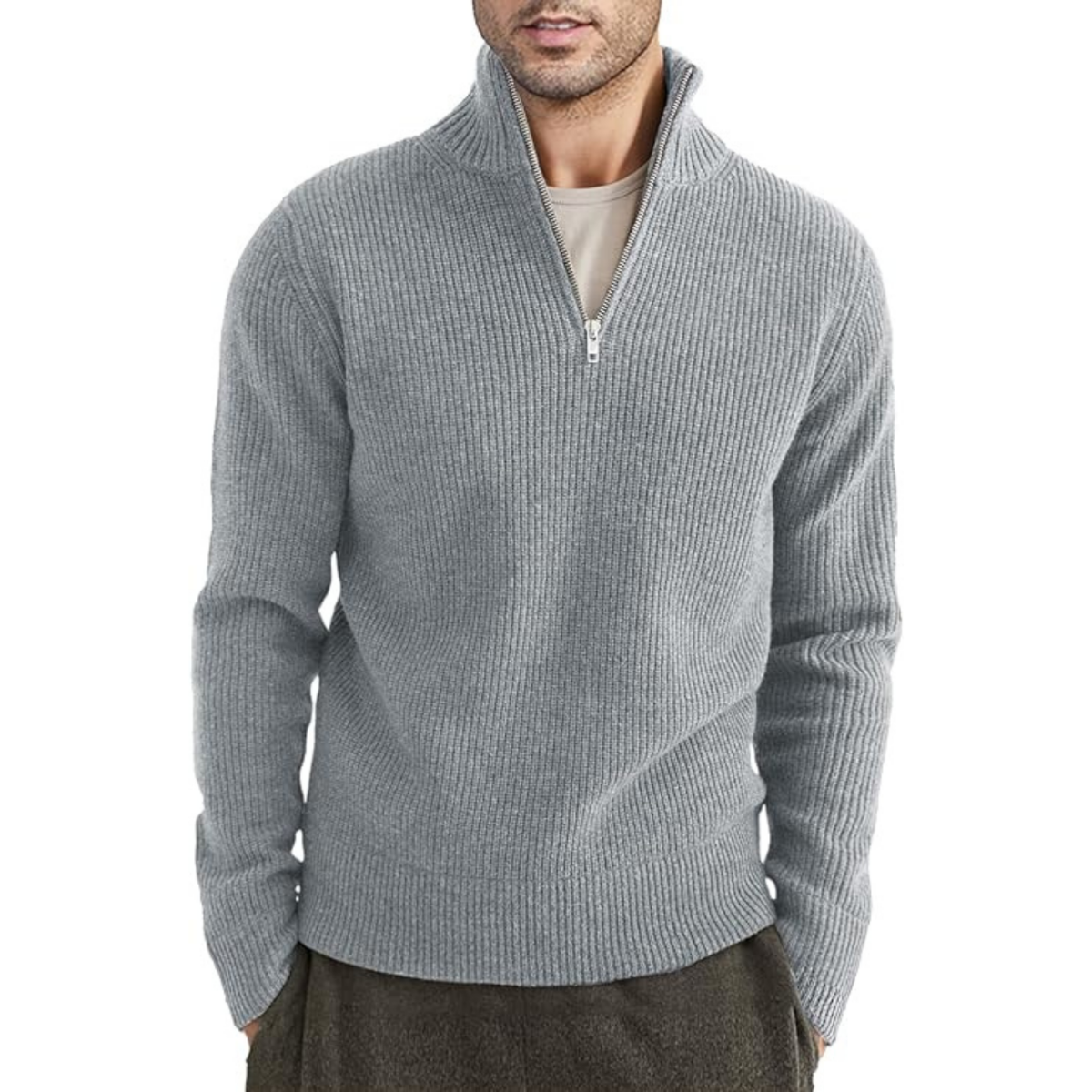 Gerippter Reißverschluss-Strickpullover Für Herren