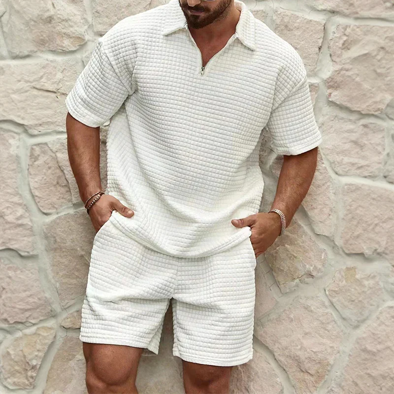 Halb-Reißverschluss Hemd und Shorts Set für Herren