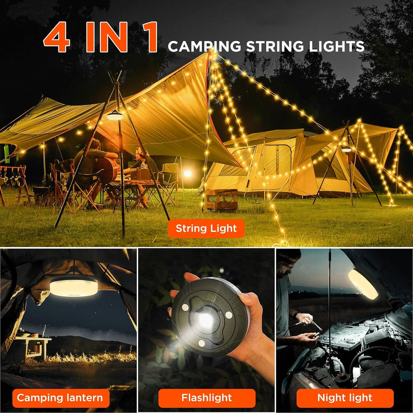 CampGlow™ | 4-in-1 Campinglampe mit RGB-Lichterketten und Powerbank