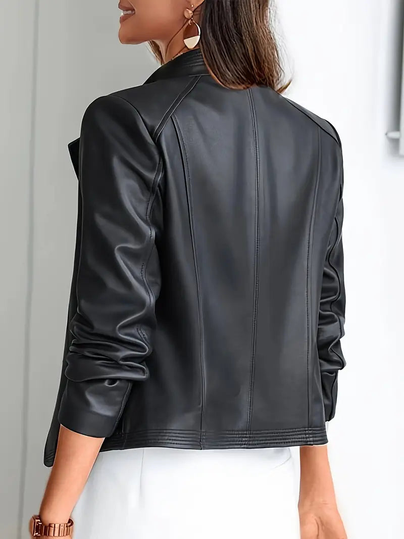 Damen Winterjacke – Schwarze Kunstlederjacke mit Reißverschluss