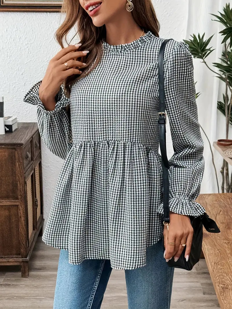 Gingham-Bluse – Rüschenkragen, Langarm, Peplum-Design