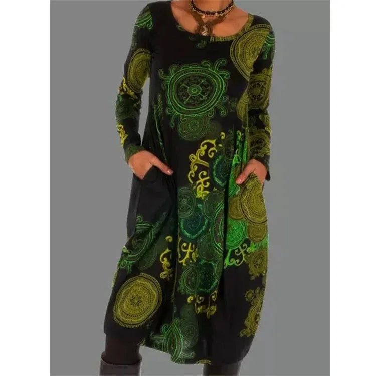Aurona | Elegantes Langärmliges Kleid mit Vintage-Druck und Stilgefühl