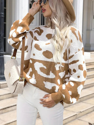 Plus Size Leopardenmuster Pullover – Farbblock Casual Stricktop