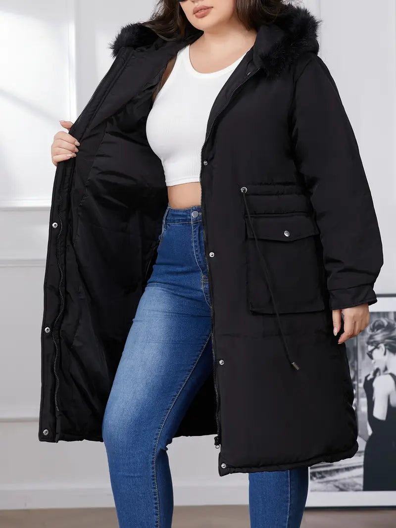 Plus Size Damen Parka Jacke – Polyester, Kapuze & Lange Ärmel