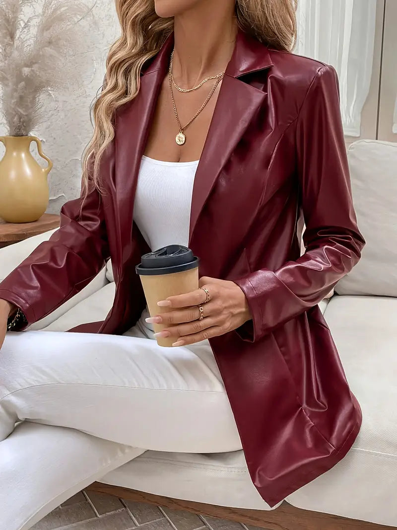 Elegante Damenjacke aus PU-Leder – Klassischer Reverskragen, Knopfdetails