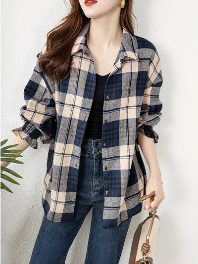 Karo-Print Knopfleiste Bluse, Casual Langarm Bluse in Meerblau
