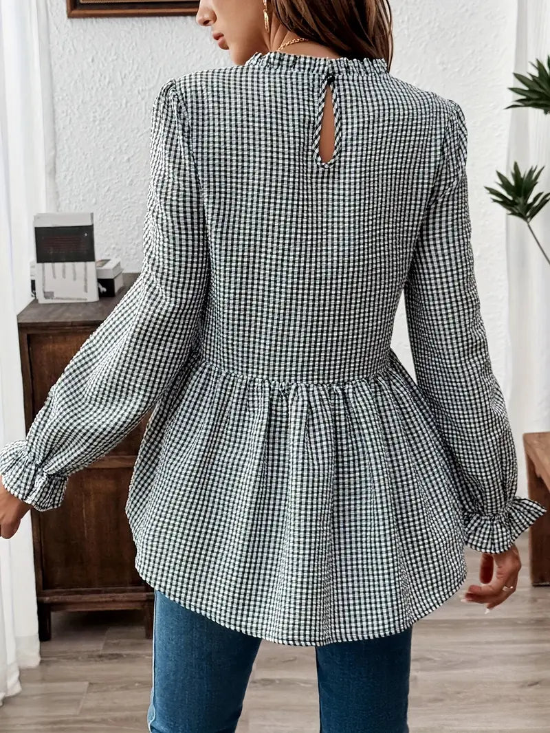 Gingham-Bluse – Rüschenkragen, Langarm, Peplum-Design