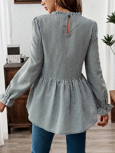 Gingham-Bluse – Rüschenkragen, Langarm, Peplum-Design