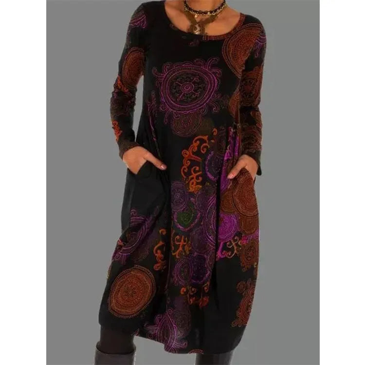 Aurona | Elegantes Langärmliges Kleid mit Vintage-Druck und Stilgefühl