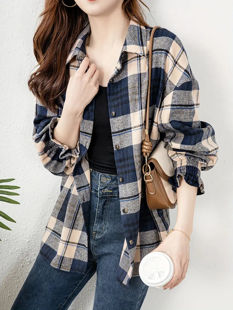 Karo-Print Knopfleiste Bluse, Casual Langarm Bluse in Meerblau