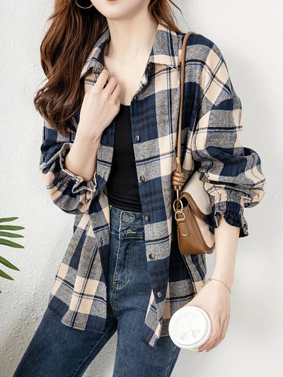 Karo-Print Knopfleiste Bluse, Casual Langarm Bluse in Meerblau