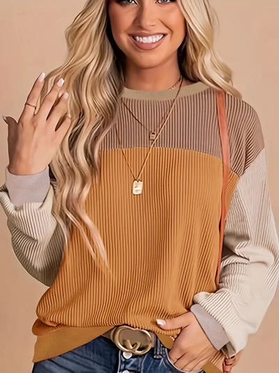 Schickes Farbblock Sweatshirt mit Rundhalsausschnitt für Damen