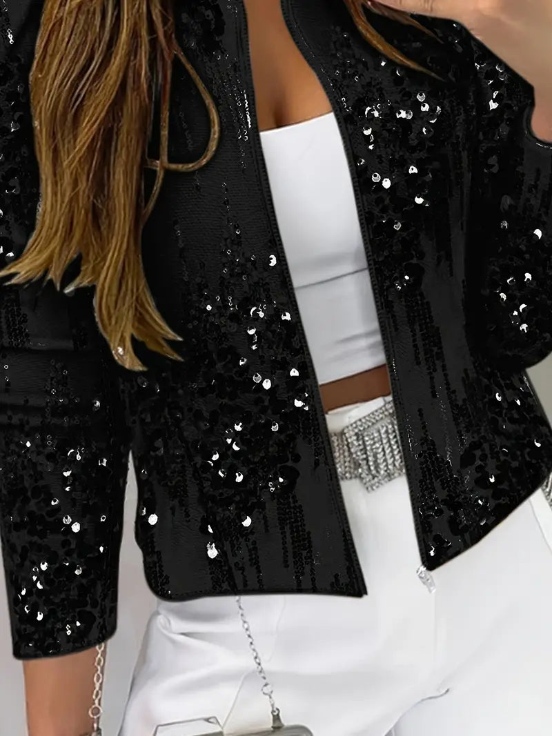 Eleganter Zip-Up Cardigan mit Stehkragen und Pailletten für Damen