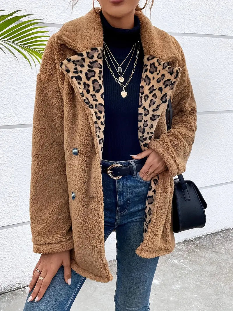 Leopardenmuster Damenmantel – Doppelreihig Kuschelig