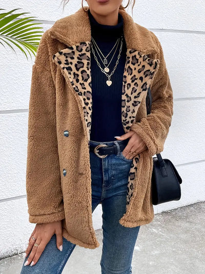 Leopardenmuster Damenmantel – Doppelreihig Kuschelig