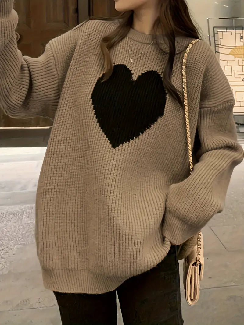 Damen Vintage Herzpullover – Lockerer Strick, Rundhals, Lässiger Chic