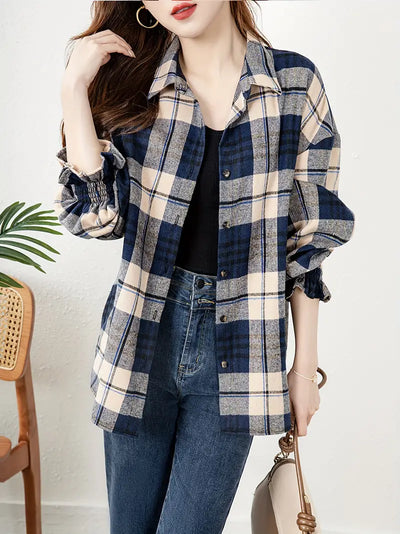 Karo-Print Knopfleiste Bluse, Casual Langarm Bluse in Meerblau