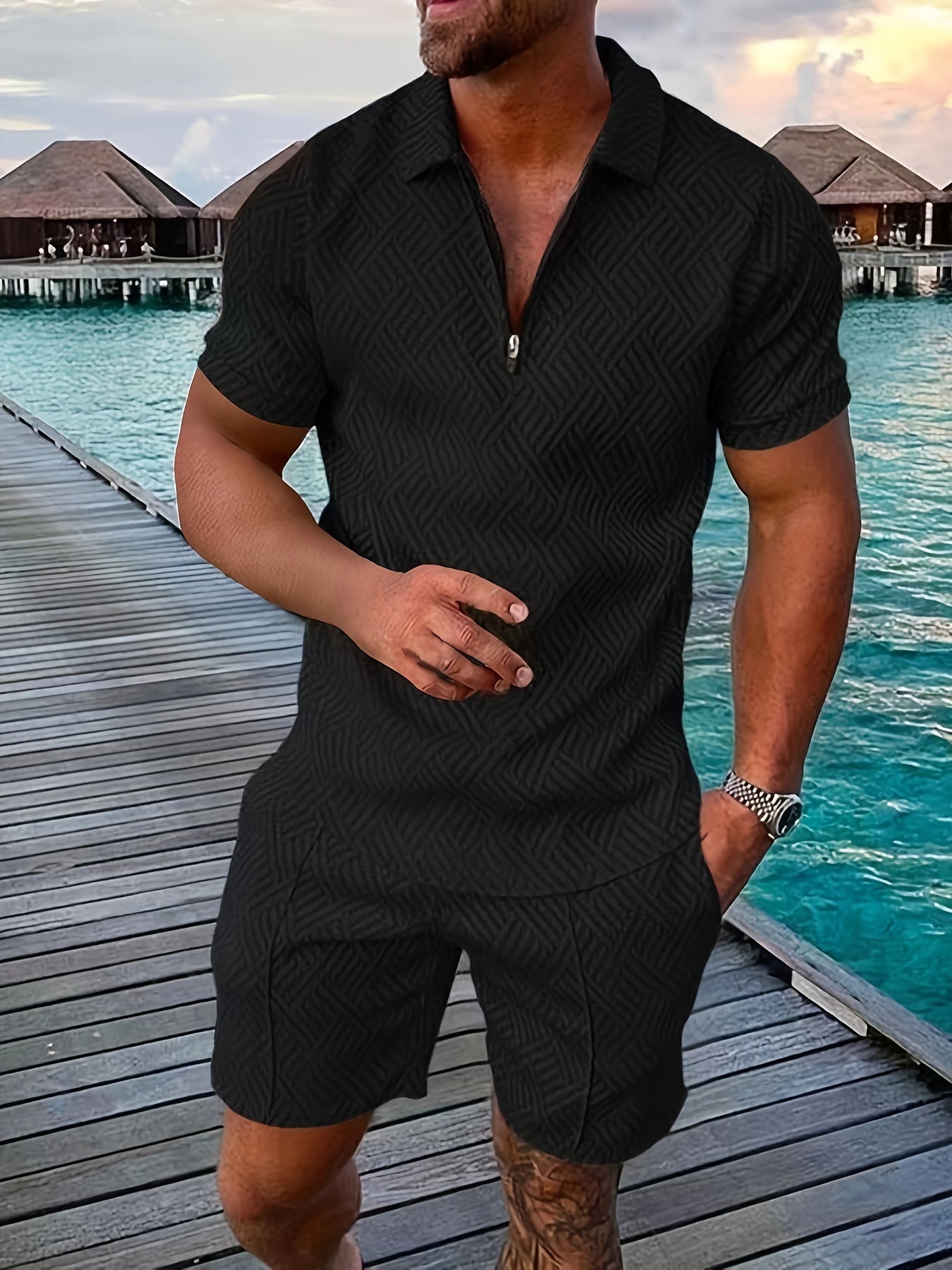 Everard™ – Herren Sommer-Set mit Zip-Polo & Shorts im Geo-Design