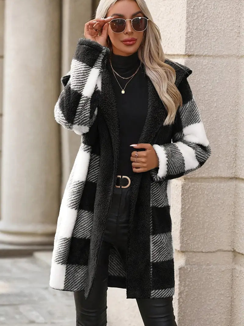Bequemes Warmes Oversized Eleganter Karierter Faux-Fur Mantel