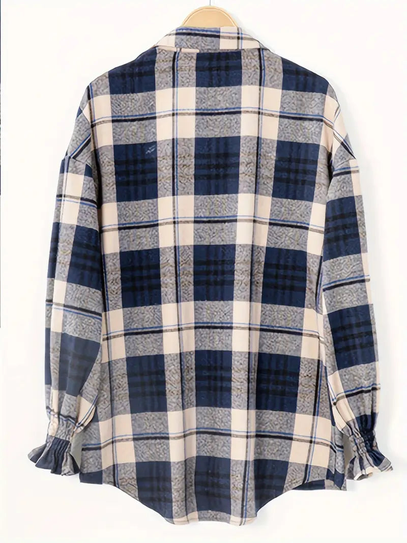 Karo-Print Knopfleiste Bluse, Casual Langarm Bluse in Meerblau