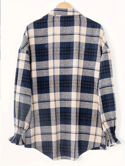 Karo-Print Knopfleiste Bluse, Casual Langarm Bluse in Meerblau