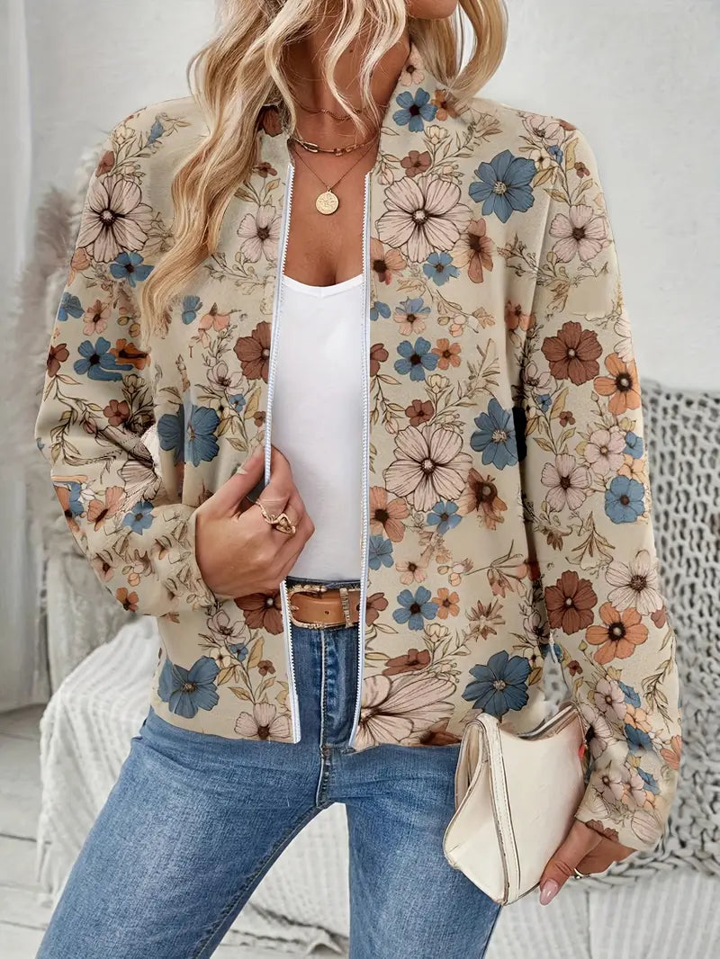 Vintage Blumenjacke Damen – Zip-Up, Rundhals, Lässiger Stil