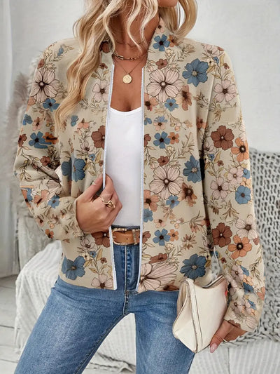Vintage Blumenjacke Damen – Zip-Up, Rundhals, Lässiger Stil