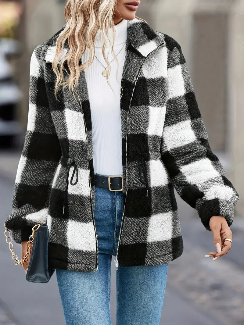 Karo Teddy Jacke mit Reißverschluss – Langarm, Wärmend, Kordelzug