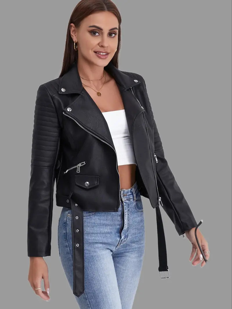 Damen Bikerjacke – Streetwear, Lederoptik, Reißverschluss