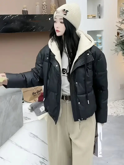 Damen Winterjacke – Kunstleder, Kapuze, Farbblock-Design, Warm