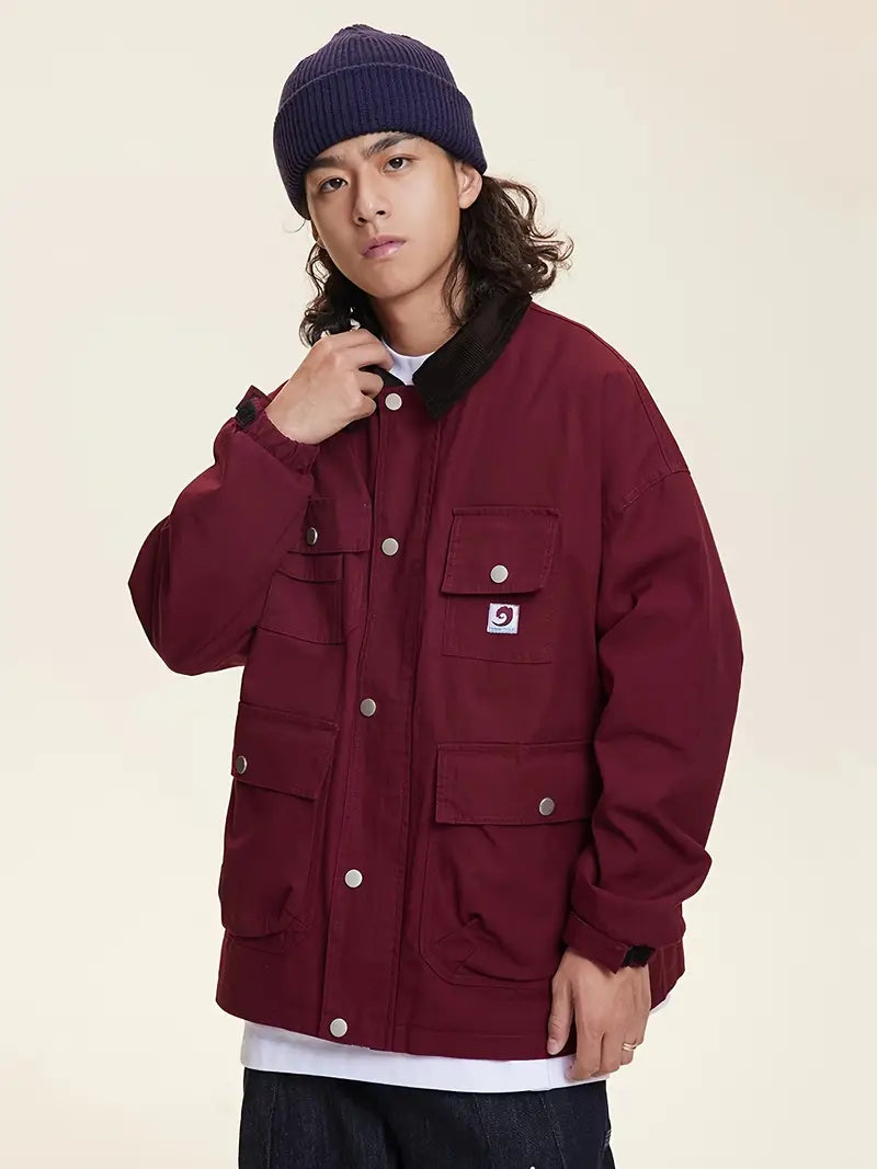 Herren Baumwolljacke mit Farbblock – Taschen, Reverskragen, Langarm