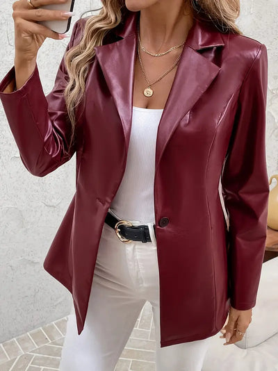 Elegante Damenjacke aus PU-Leder – Klassischer Reverskragen, Knopfdetails