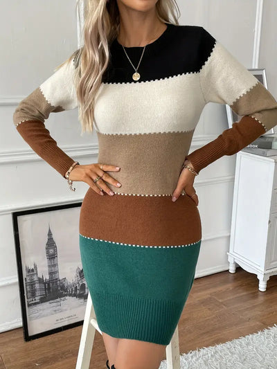 Elegantes Color-Block Kleid – Langarm, Rundhals Design