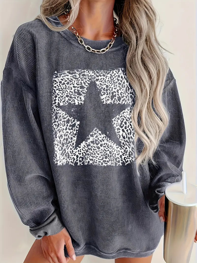 Grau Sweatshirt mit Rundhals – Langarm, Gedrucktes Design