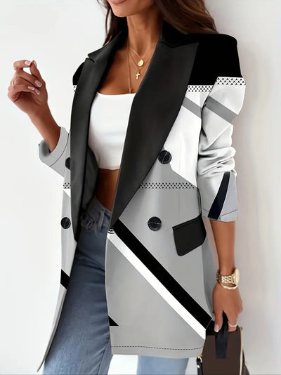 Damen Winter-Blazer – Elegant & Lang, Zweireihig mit Farbblock