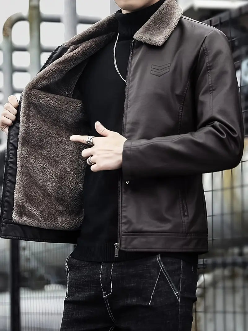 Herren Winterjacke – Kunstleder mit Plüschfutter, Casual & Warm
