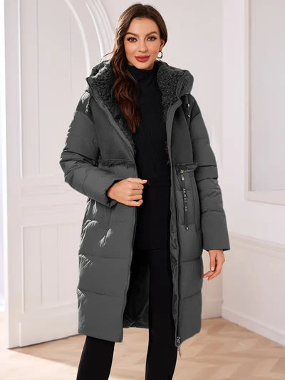 Lange Winterjacke mit abnehmbarem Kunstfellkragen – Kapuze & Dual-Zip