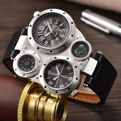 Oulm Titan Sport Dual Time Zone Uhr – Großes Ziffernblatt PU-Leder Quarz für Männer
