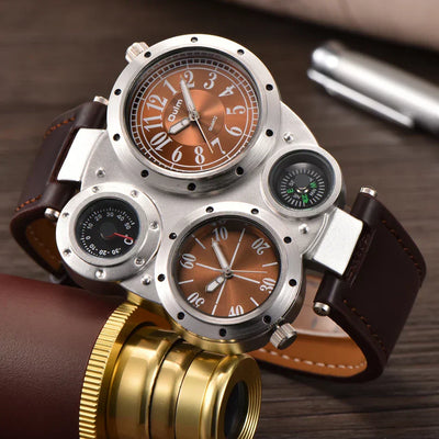 Oulm Titan Sport Dual Time Zone Uhr – Großes Ziffernblatt PU-Leder Quarz für Männer
