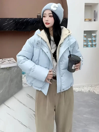 Damen Winterjacke – Kunstleder, Kapuze, Farbblock-Design, Warm