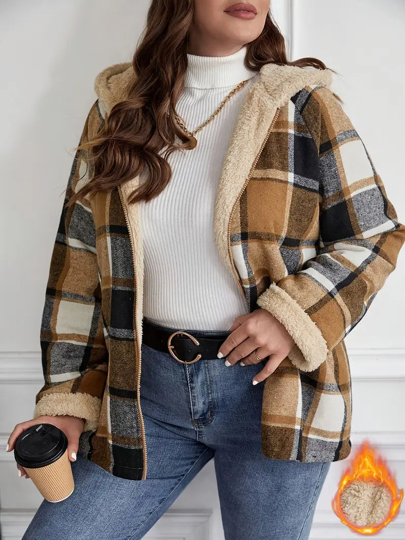 Damen Plaid Teddyjacke – Kuschelig, Kapuze, Reißverschluss