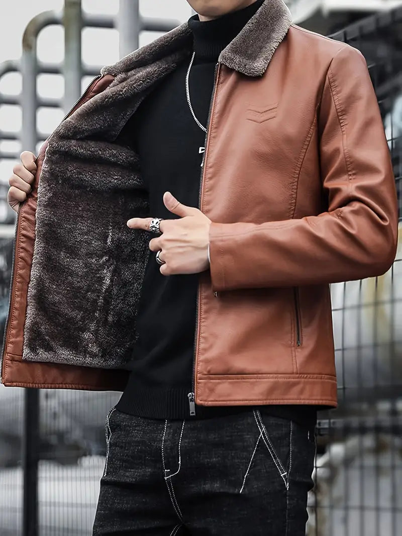Herren Winterjacke – Kunstleder mit Plüschfutter, Casual & Warm