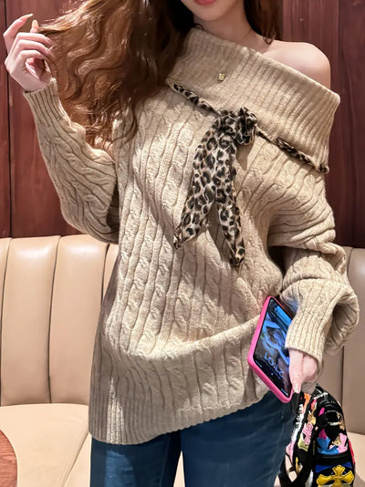 Damen Off-Shoulder Leopard Pullover – Strick mit Schleifen-Detail