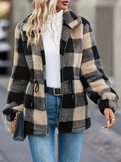 Karo Teddy Jacke mit Reißverschluss – Langarm, Wärmend, Kordelzug