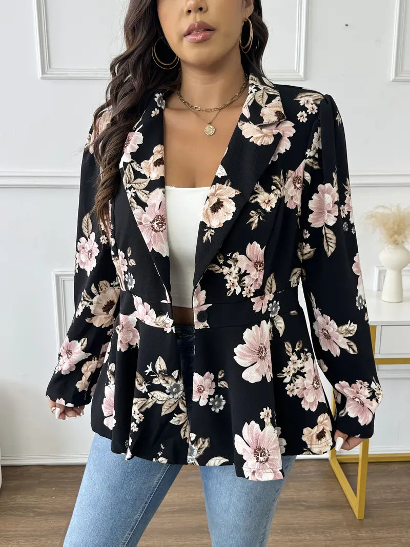 Plus Size Damen Blazer – Floral Print, Langarm, Knopf, Reverskragen