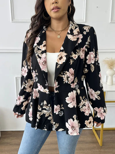 Plus Size Damen Blazer – Floral Print, Langarm, Knopf, Reverskragen