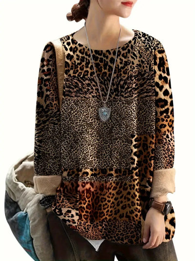 Plus Size Leopardenmuster Strickpullover – Bequemer Longsleeve