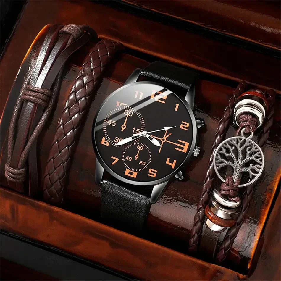5-teiliges Herren Retro Quarz Uhr & Armband Set
